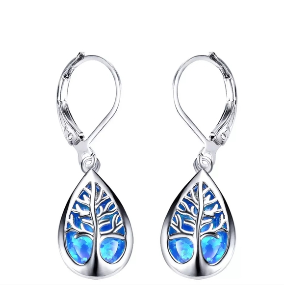 Price DROP-Sterling Silver Tree of Life Simulated Blue Opal Drop Earrings - Picture 7 of 7